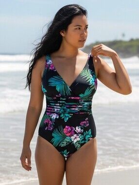 NWT Aqua Green One Piece Floral Bathing Suit Women's Size L Tropical Beach Pool